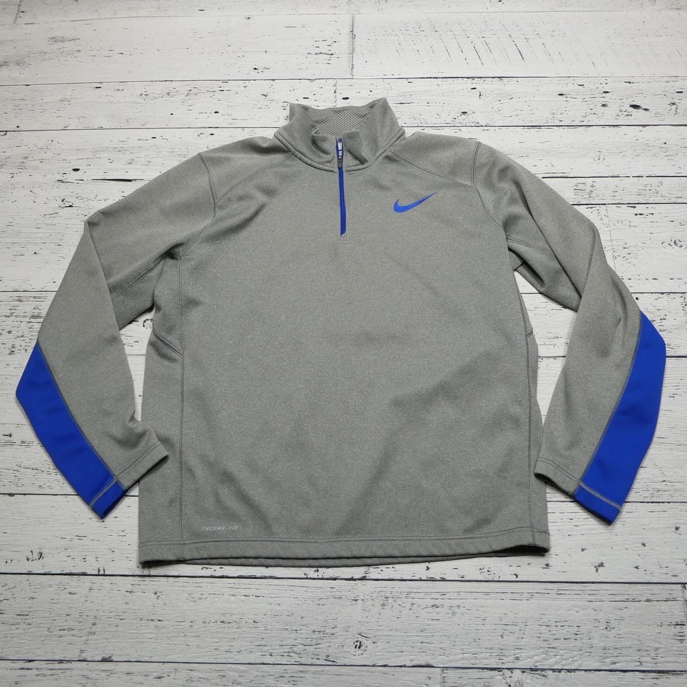 Nike Therma-FIT Sweatshirt Mens Large Gray 1/4 Zip Pullover Blue Swoosh Athletic